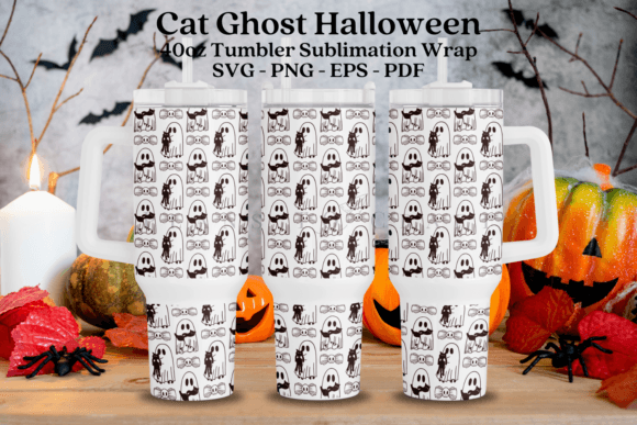 Cat Ghost Halloween Tumbler Wrap Graphics