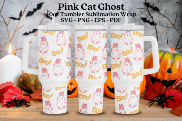 Pink Cat Ghost Halloween Graphics for Tumbler Wraps