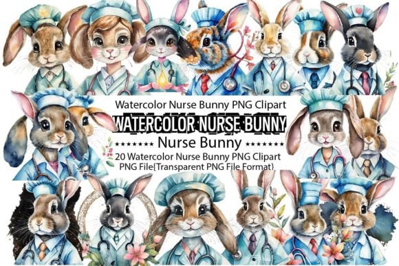 Watercolor Nurse Bunny Sublimation Graphics & Illustrations